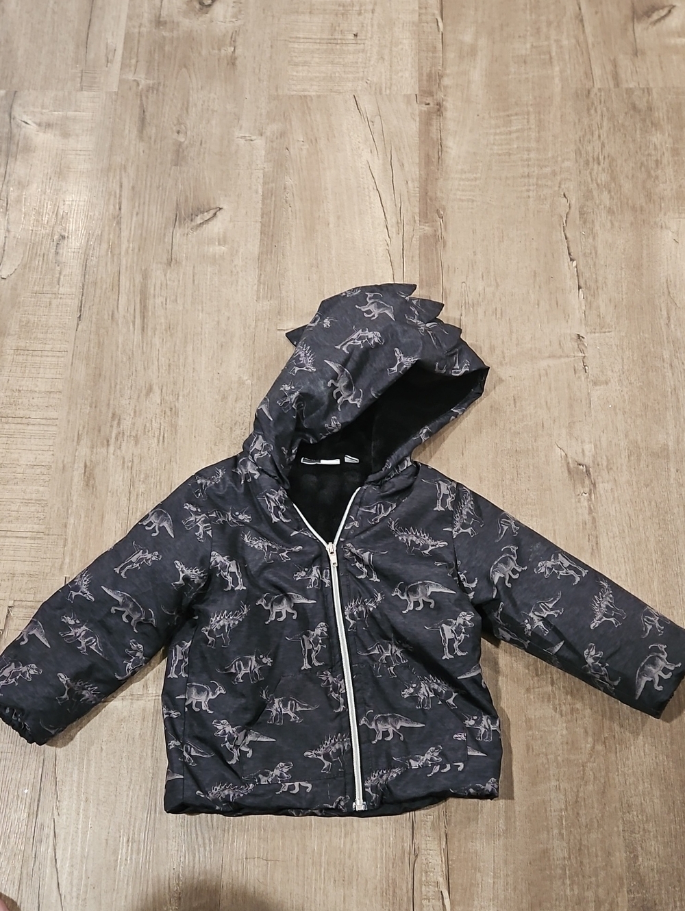 Kids Hooded Puffer Jacket with Dinosaur Print - Black Size 24m  Bin 23